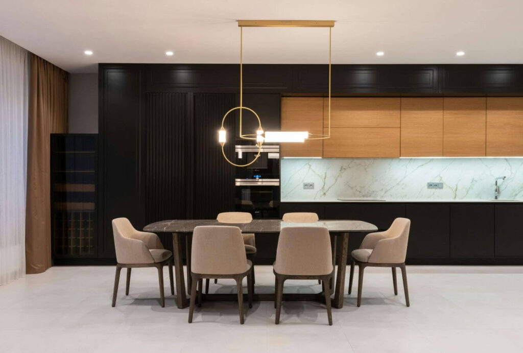 Modern custom kitchen in Brisbane with sleek dark black and wood cabinets.