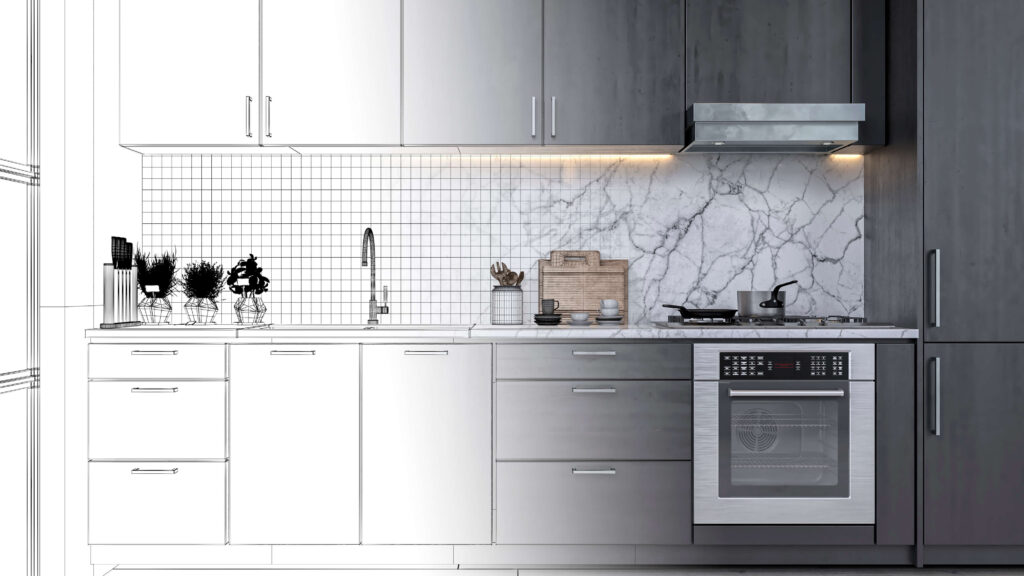 Modern 3D kitchen design with custom cabinetry